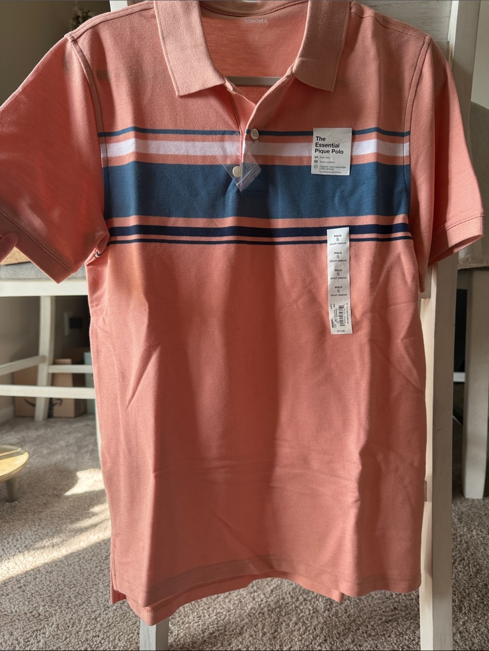 Sonoma Coral Polo with Navy and White Stripes